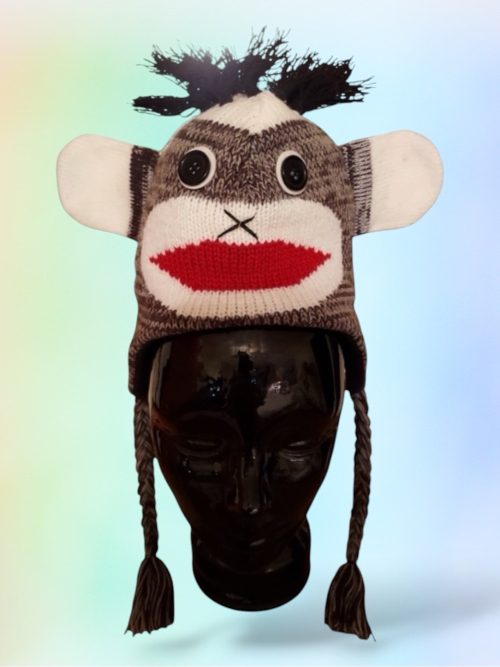 Y2K Knit Beanie Hat Brown Sock Monkey Novelty Earflap Winter Braids  Retro Alt